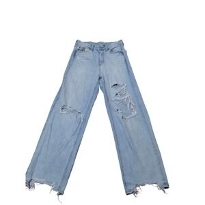 American Eagle Womens Curvy Super High Rise Baggy Distressed jeans Raw Hem Sz 0
